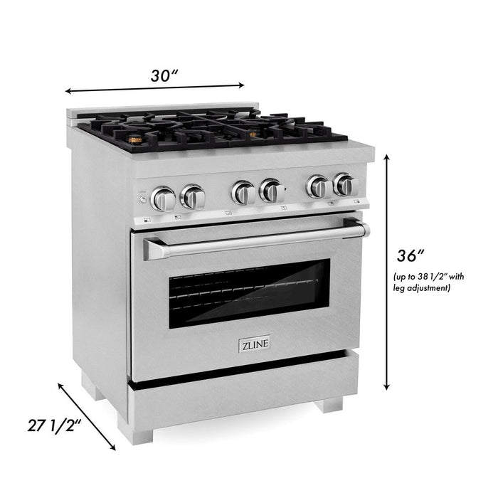 ZLINE 30 in. 4.0 cu. ft. Legacy Dual Fuel Range with Gas Cooktop and Electric Convection Oven in DuraSnow® Stainless Steel with 4 Brass Burners (RAS-SN-BR-30)