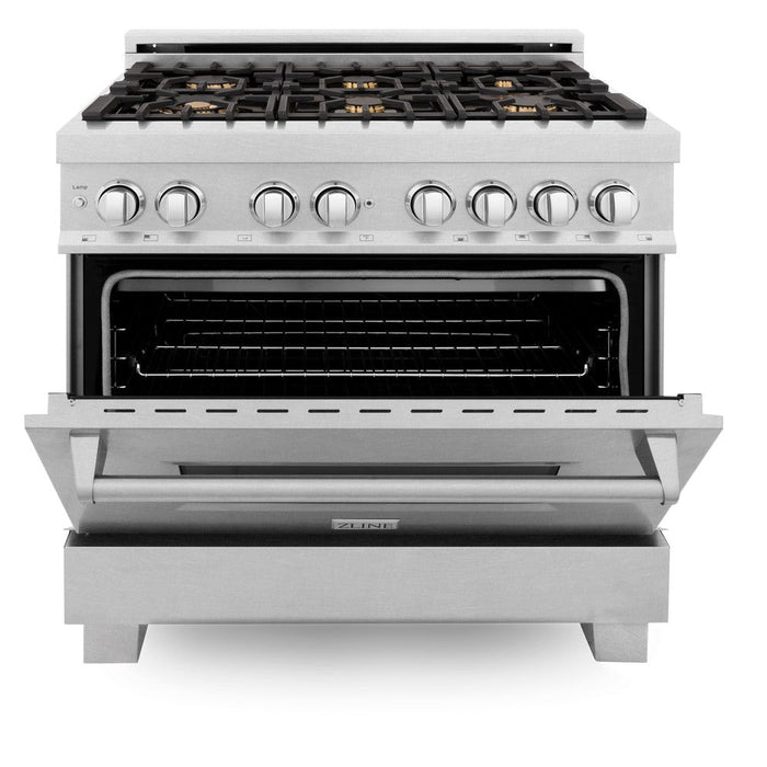 ZLINE 36 in. 4.6 cu. ft. Legacy Dual Fuel Range with Gas Cooktop and Electric Convection Oven in DuraSnow® Stainless Steel with 6 Brass Burners (RAS-SN-BR-36)