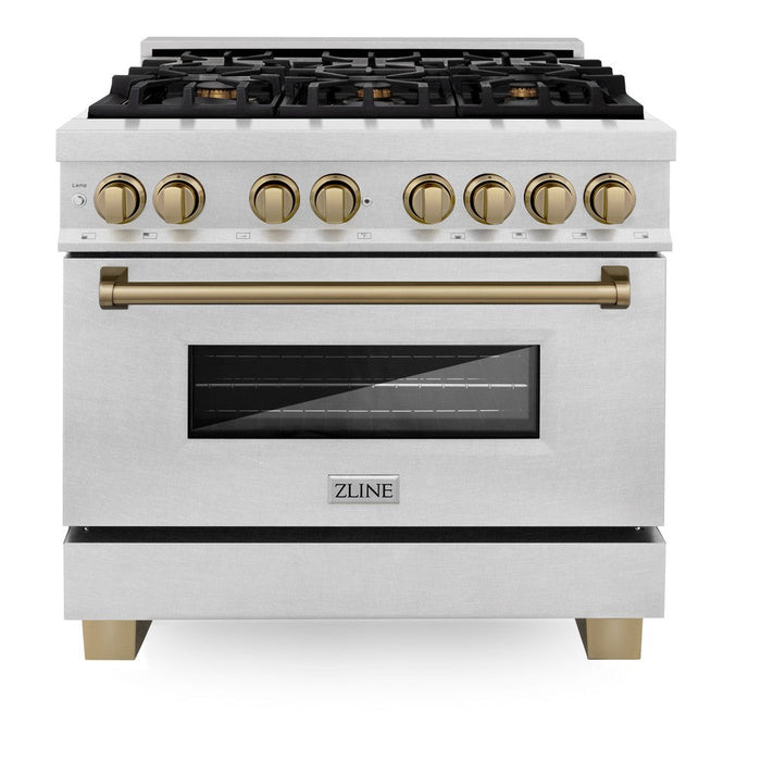 ZLINE Autograph Edition 36 in. 4.6 cu. ft. Legacy Dual Fuel Range with 6 Burner Gas Cooktop and Electric Convection Oven in DuraSnow® Stainless Steel and Champagne Bronze Accents (RASZ-SN-36-CB)