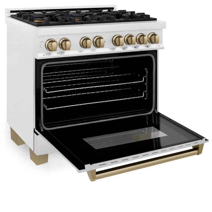 ZLINE Autograph Edition 36 in. 4.6 cu. ft. Legacy Dual Fuel Range with 6 Burner Gas Cooktop and Electric Convection Oven in DuraSnow® Stainless Steel and Champagne Bronze Accents (RASZ-SN-36-CB)