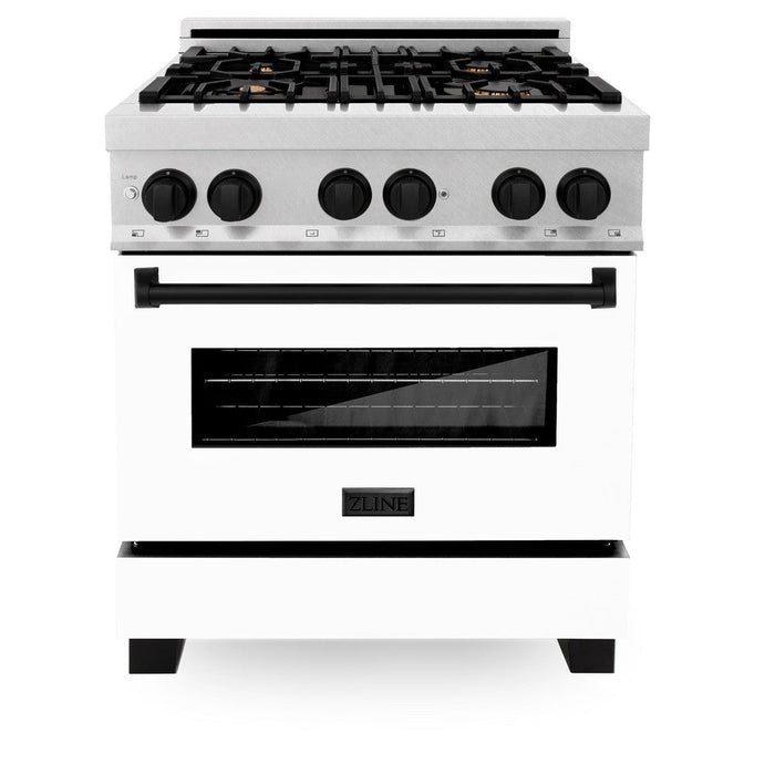 ZLINE Autograph Edition 30 in. 4.0 cu. ft. Legacy Dual Fuel Range with 4 Burner Gas Cooktop and Electric Convection Oven in DuraSnow® Stainless Steel with White Matte Door and Matte Black Accents (RASZ-WM-30-MB)