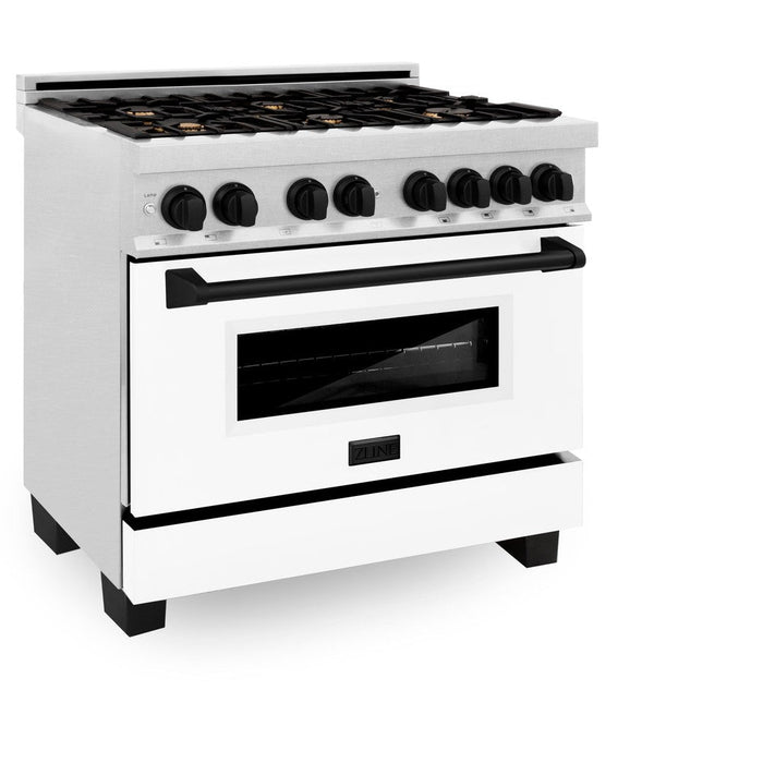 ZLINE Autograph Edition 36 in. 4.6 cu. ft. Legacy Dual Fuel Range with 6 Burner Gas Cooktop and Electric Convection Oven in DuraSnow® Stainless Steel with White Matte Door and Matte Black Accents (RASZ-WM-36-MB)