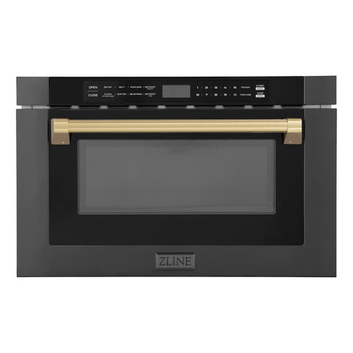 ZLINE Autograph Edition 24 in. 1.2 cu. ft. Built-in Microwave Drawer in Black Stainless Steel with Champagne Bronze Accents (MWDZ-1-BS-H-CB) front.