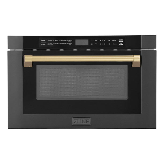 ZLINE Autograph Edition 24 in. 1.2 cu. ft. Built-in Microwave Drawer in Black Stainless Steel with Champagne Bronze Accents (MWDZ-1-BS-H-CB) front.