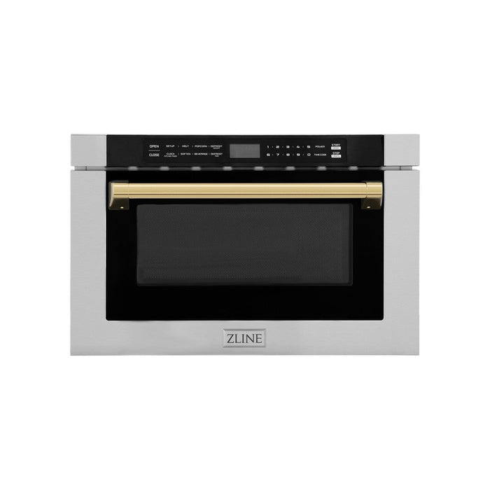 ZLINE Autograph Edition 24 in. 1.2 cu. ft. Built-in Microwave Drawer with a Traditional Handle in Stainless Steel and Polished Gold Accents (MWDZ-1-H-G) front.