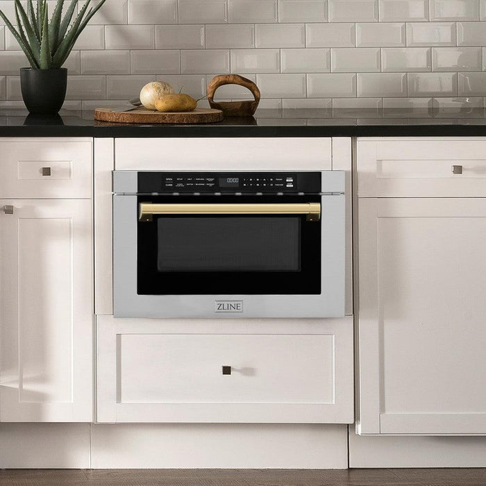 ZLINE Autograph Edition 24 in. 1.2 cu. ft. Built-in Microwave Drawer with a Traditional Handle in Stainless Steel and Polished Gold Accents (MWDZ-1-H-G)