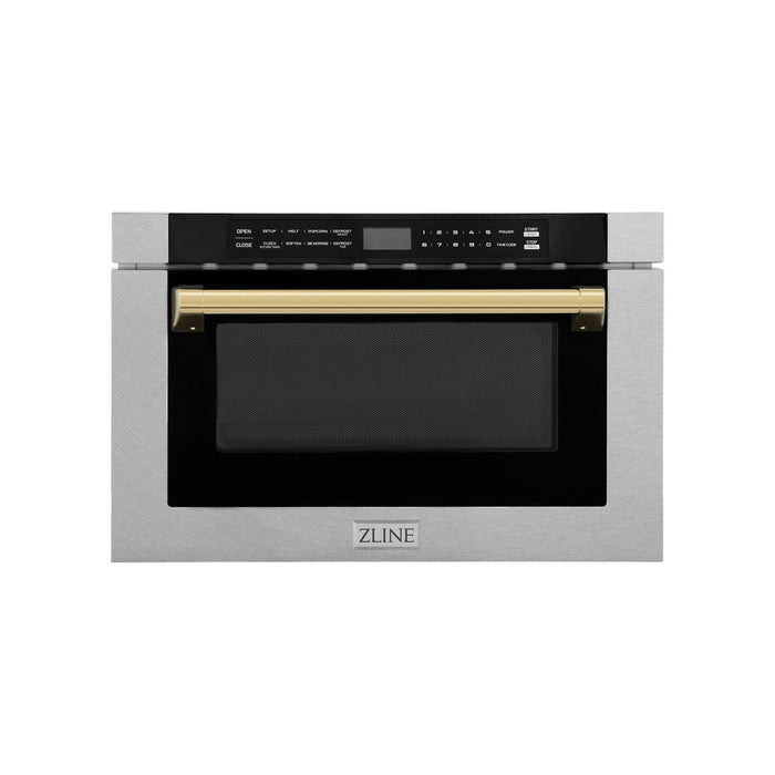 ZLINE Autograph Edition 24 in. Microwave in Fingerprint Resistant Stainless Steel with Traditional Handles and Polished Gold Accents (MWDZ-1-SS-H-G) front.