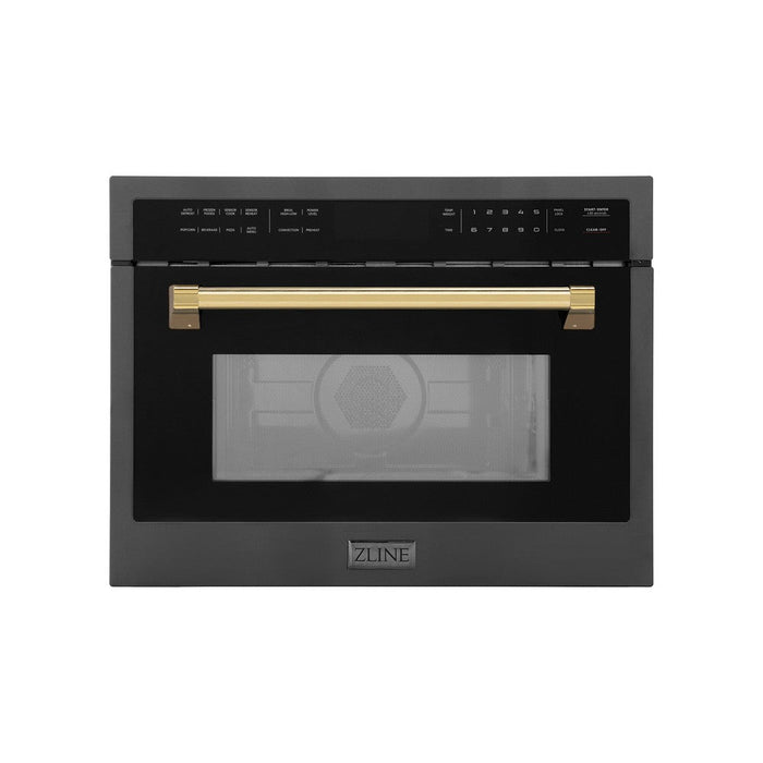 ZLINE Autograph Edition 24 in. 1.6 cu ft. Built-in Convection Microwave Oven in Black Stainless Steel with Polished Gold Accents (MWOZ-24-BS-G) front.