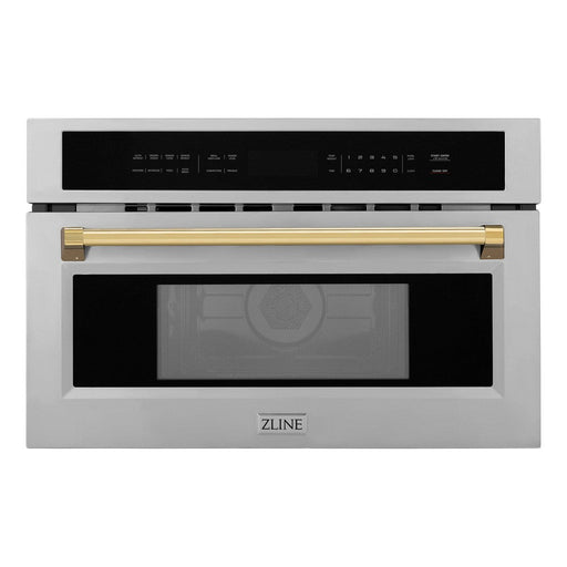 ZLINE Autograph Edition 30 in. 1.6 cu ft. Built-in Convection Microwave Oven in Stainless Steel with Polished Gold Accents (MWOZ-30-G) front.