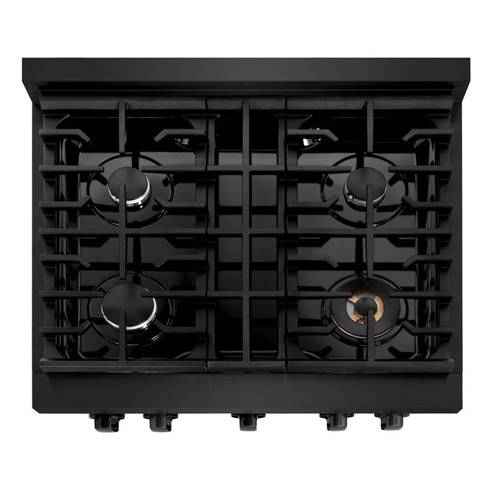 ZLINE 30 in. 4.2 cu. ft. Paramount Dual Fuel Range with 4 Burner Gas Cooktop and Electric Convection Oven in Black Stainless Steel (SDRB-30)