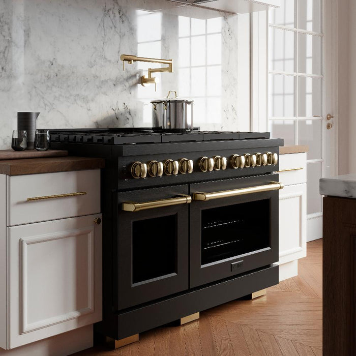 ZLINE Autograph Edition 48 in. 6.7 cu. ft. Paramount Double Oven Dual Fuel Range with 8 Burner Gas Cooktop in Black Stainless Steel and Polished Gold Accents (SDRBZ-48-G)