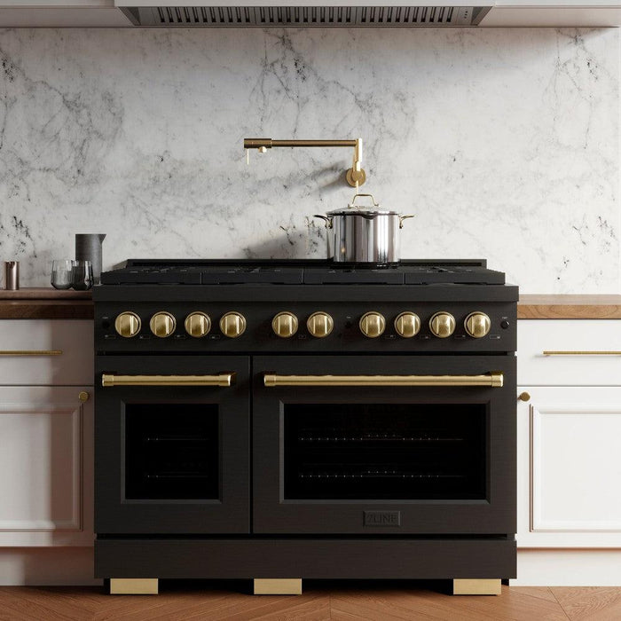 ZLINE Autograph Edition 48 in. 6.7 cu. ft. Paramount Double Oven Gas Range with 8 Burner Cooktop in Black Stainless Steel and Polished Gold Accents (SGRBZ-48-G)