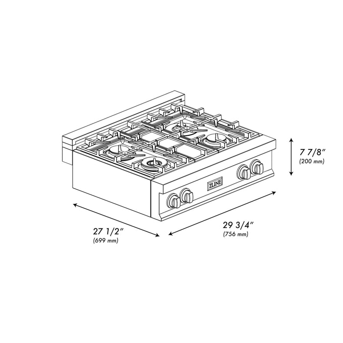 ZLINE 30 in. Porcelain Rangetop in Black Stainless with Brass Burners (RTB-BR-30)