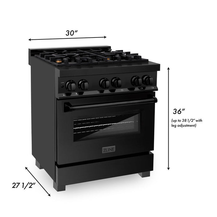 ZLINE 30 in. 4.0 cu. ft. Legacy Dual Fuel Range with Gas Cooktop and Electric Convection Oven in Black Stainless Steel with 4 Brass Burners (RAB-BR-30)