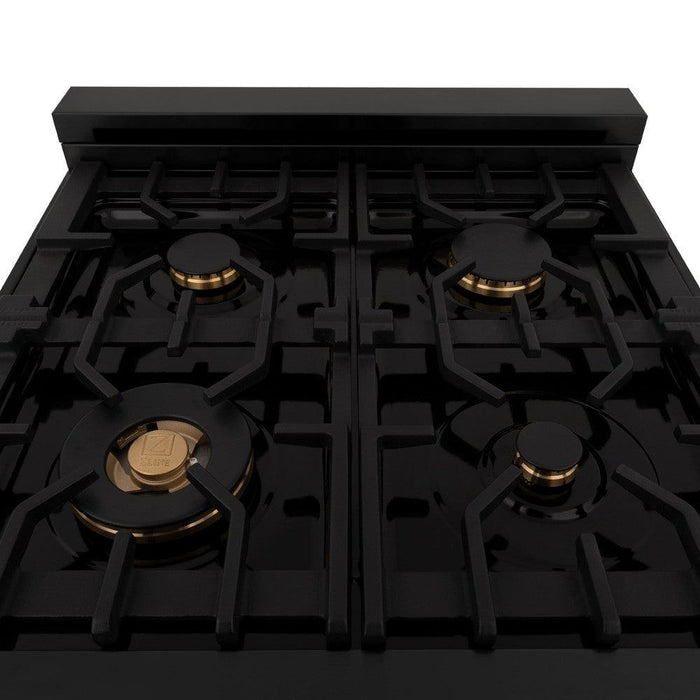 ZLINE Autograph Edition 24 in. 2.8 cu. ft. Legacy Dual Fuel Range with 4 Burner Gas Cooktop and Electric Convection Oven in Black Stainless Steel and Polished Gold Accents (RABZ-24-G)