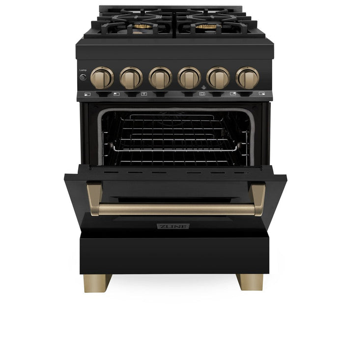 ZLINE Autograph Edition 24 in. 2.8 cu. ft. Legacy Dual Fuel Range with 4 Burner Gas Cooktop and Electric Convection Oven in Black Stainless Steel and Champagne Bronze Accents (RABZ-24-CB)