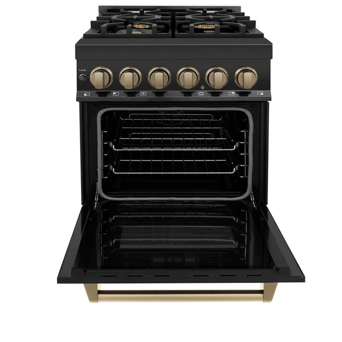 ZLINE Autograph Edition 24 in. 2.8 cu. ft. Legacy Dual Fuel Range with 4 Burner Gas Cooktop and Electric Convection Oven in Black Stainless Steel and Champagne Bronze Accents (RABZ-24-CB)