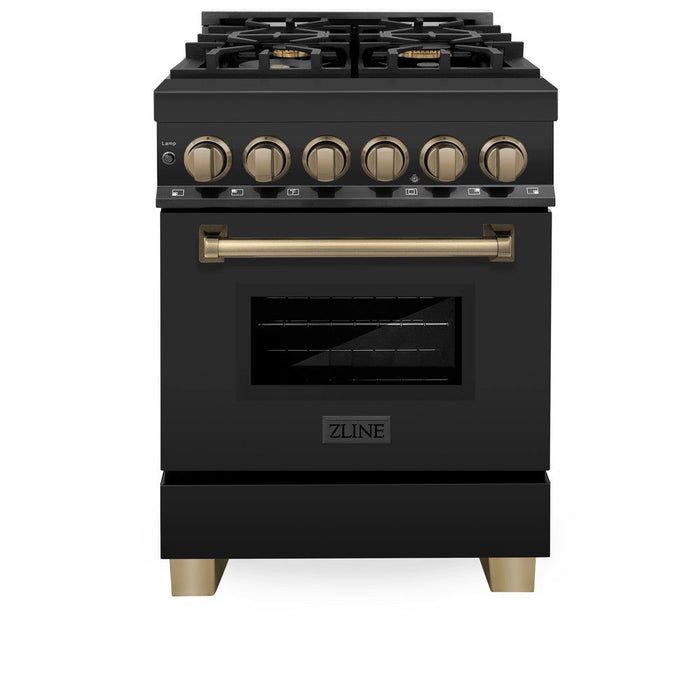 ZLINE Autograph Edition 24 in. 2.8 cu. ft. Legacy Dual Fuel Range with 4 Burner Gas Cooktop and Electric Convection Oven in Black Stainless Steel and Champagne Bronze Accents (RABZ-24-CB)