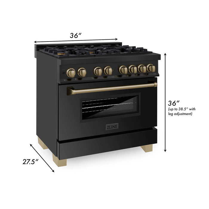 ZLINE Autograph Edition 36 in. 4.6 cu. ft. Legacy Dual Fuel Range with 6 Burner Gas Cooktop and Electric Convection Oven in Black Stainless Steel and Champagne Bronze Accents (RABZ-36-CB)