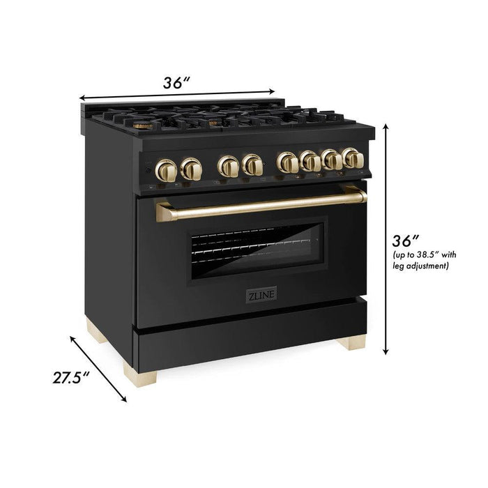 ZLINE Autograph Edition 36 in. 4.6 cu. ft. Legacy Dual Fuel Range with 6 Burner Gas Cooktop and Electric Convection Oven in Black Stainless Steel and Polished Gold Accents (RABZ-36-G)