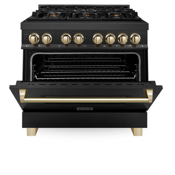 ZLINE Autograph Edition 36 in. 4.6 cu. ft. Legacy Dual Fuel Range with 6 Burner Gas Cooktop and Electric Convection Oven in Black Stainless Steel and Polished Gold Accents (RABZ-36-G)