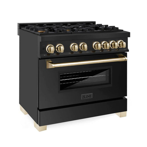 ZLINE Autograph Edition 36 in. 4.6 cu. ft. Legacy Dual Fuel Range with 6 Burner Gas Cooktop and Electric Convection Oven in Black Stainless Steel and Polished Gold Accents (RABZ-36-G)