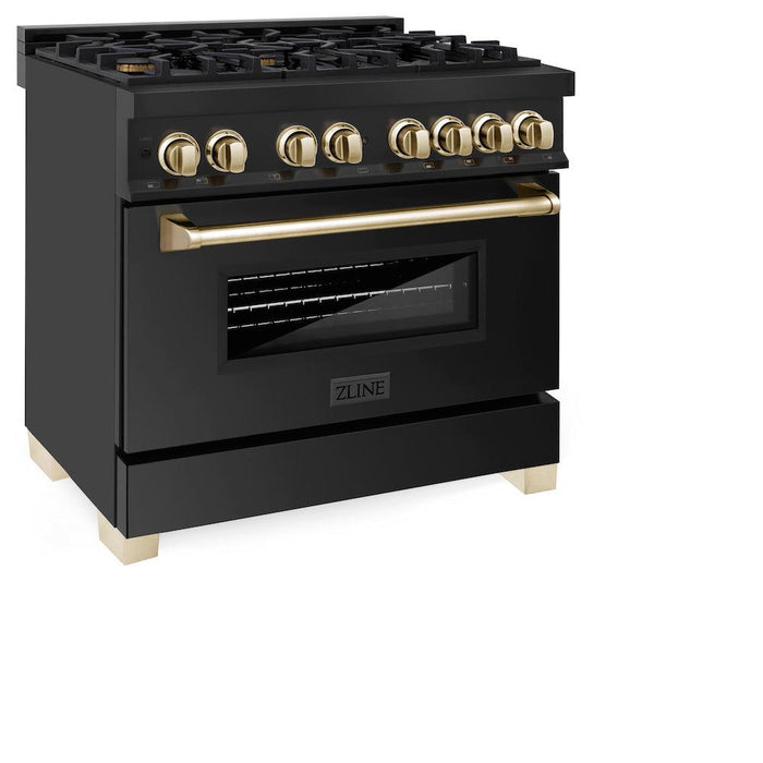 ZLINE Autograph Edition 36 in. Kitchen Package with Black Stainless Steel Dual Fuel Range, Range Hood and Dishwasher with Polished Gold Accents (3AKP-RABRHDWV36-G)