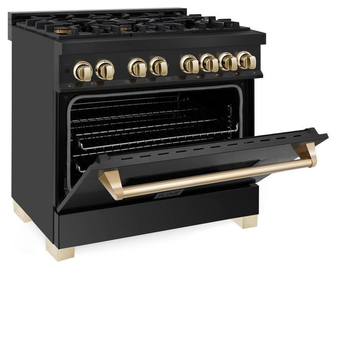 ZLINE Autograph Edition 36 in. 4.6 cu. ft. Legacy Dual Fuel Range with 6 Burner Gas Cooktop and Electric Convection Oven in Black Stainless Steel and Polished Gold Accents (RABZ-36-G)