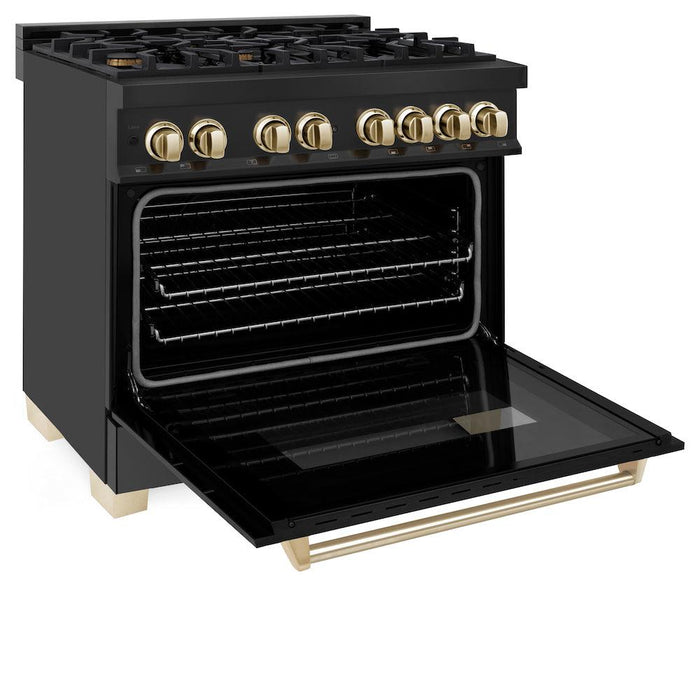 ZLINE Autograph Edition 36 in. Kitchen Package with Black Stainless Steel Dual Fuel Range, Range Hood and Dishwasher with Polished Gold Accents (3AKP-RABRHDWV36-G)