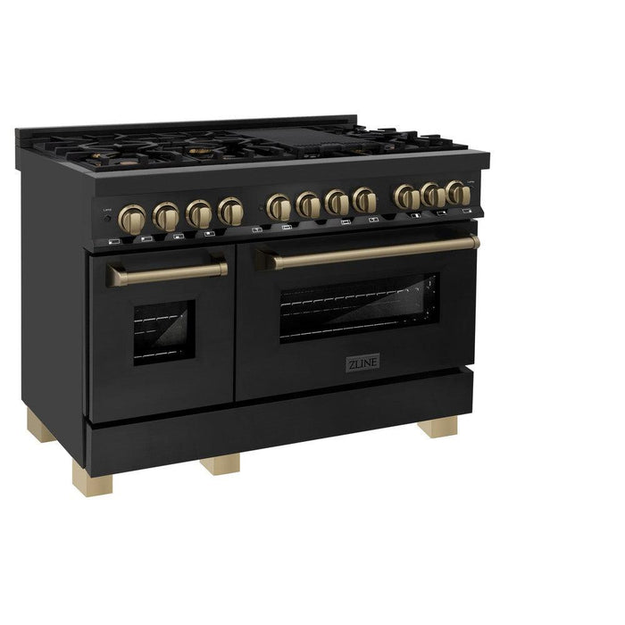 ZLINE Autograph Edition 48 in. 6.0 cu. ft. Legacy Dual Fuel Range with 7 Burner Gas Cooktop and 2 Electric Ovens in Black Stainless Steel and Champagne Bronze Accents (RABZ-48-CB)