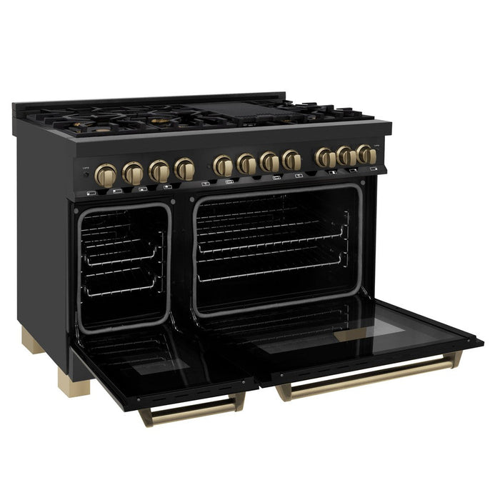 ZLINE Autograph Edition 48 in. 6.0 cu. ft. Legacy Dual Fuel Range with 7 Burner Gas Cooktop and 2 Electric Ovens in Black Stainless Steel and Champagne Bronze Accents (RABZ-48-CB)