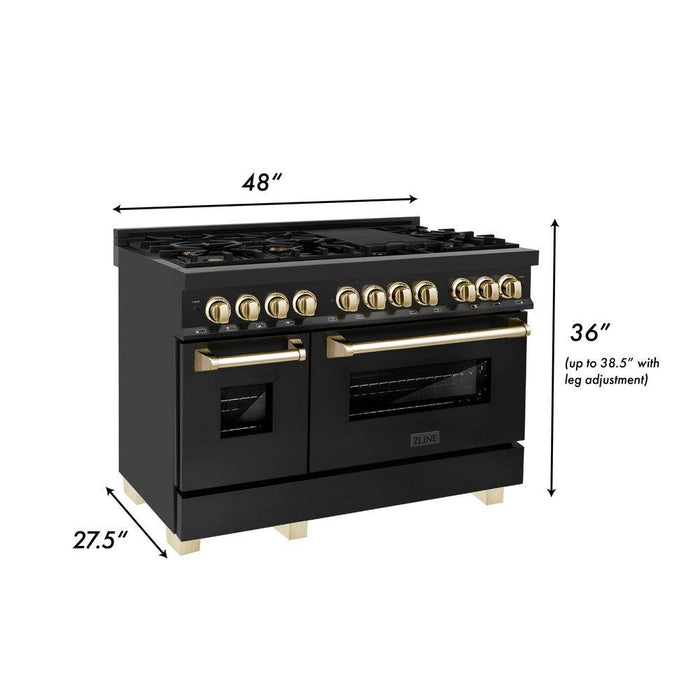 ZLINE Autograph Edition 48 in. 6.0 cu. ft. Legacy Dual Fuel Range with 7 Burner Gas Cooktop and 2 Electric Ovens in Black Stainless Steel and Polished Gold Accents (RABZ-48-G)