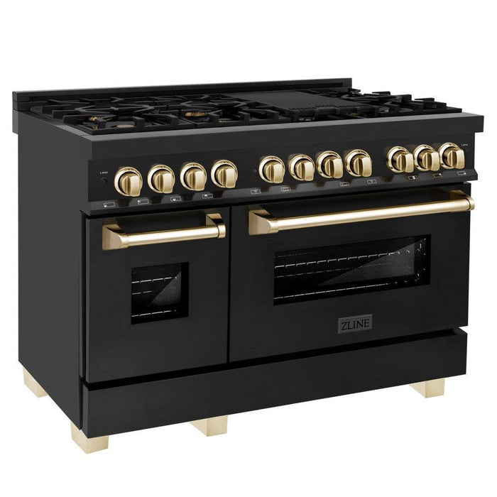 ZLINE Autograph Edition 48 in. 6.0 cu. ft. Legacy Dual Fuel Range with 7 Burner Gas Cooktop and 2 Electric Ovens in Black Stainless Steel and Polished Gold Accents (RABZ-48-G)