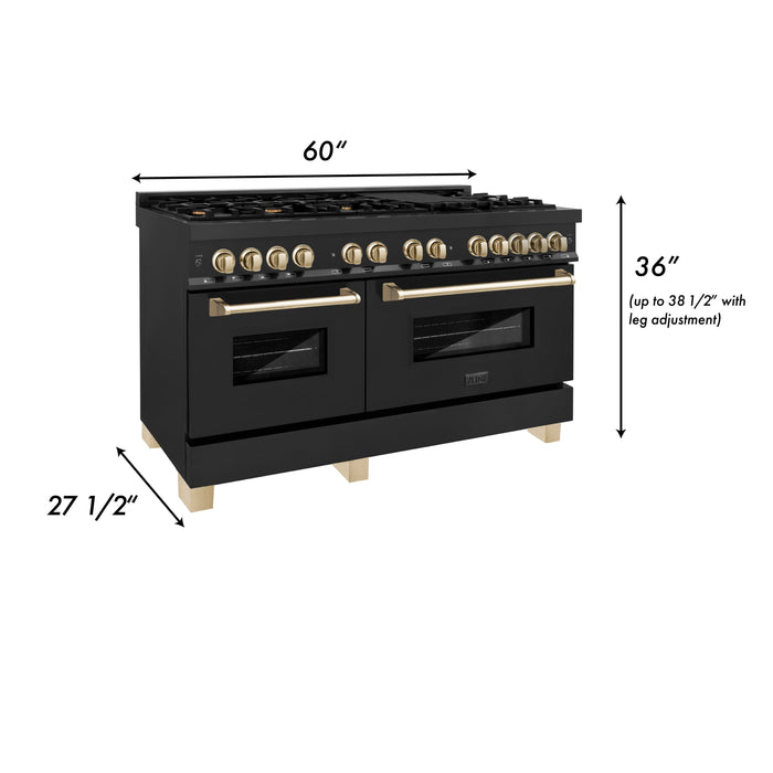 ZLINE Autograph Edition 60 in. 7.4 cu. ft. Legacy Dual Fuel Range with 9 Burner Gas Cooktop and 2 Electric Convection Ovens in Black Stainless Steel and Polished Gold Accents (RABZ-60-G)