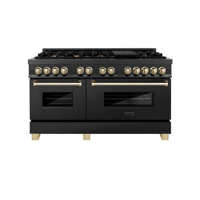 ZLINE Autograph Edition 60 in. 7.4 cu. ft. Legacy Dual Fuel Range with 9 Burner Gas Cooktop and 2 Electric Convection Ovens in Black Stainless Steel and Polished Gold Accents (RABZ-60-G)