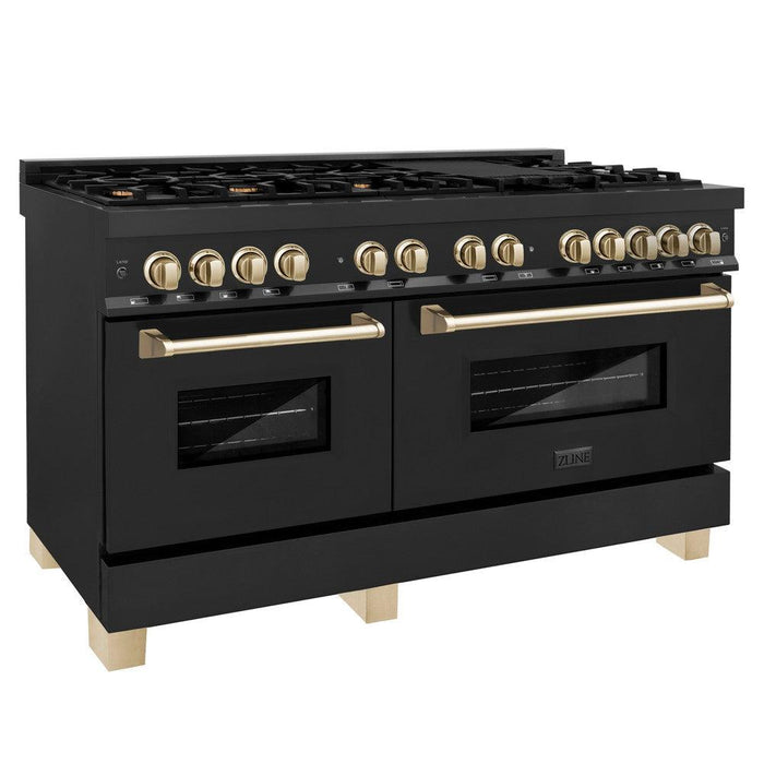 ZLINE Autograph Edition 60 in. 7.4 cu. ft. Legacy Dual Fuel Range with 9 Burner Gas Cooktop and 2 Electric Convection Ovens in Black Stainless Steel and Polished Gold Accents (RABZ-60-G)