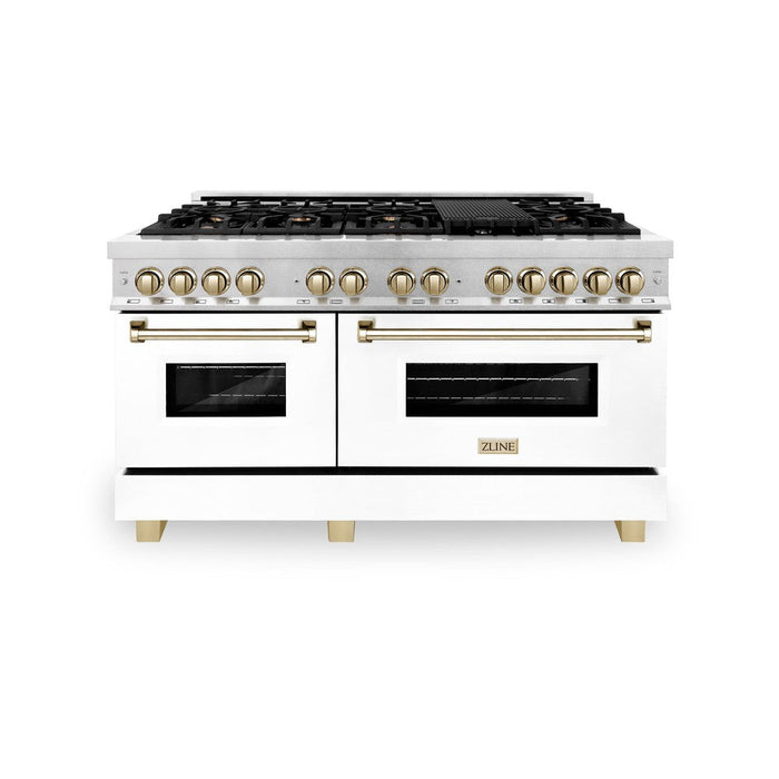 ZLINE Autograph Edition 60 in. 7.4 cu. ft. Legacy Dual Fuel Range with 9 Burner Gas Cooktop and 2 Electric Convection Ovens in DuraSnow® Stainless Steel with White Matte Doors and Polished Gold Accents (RASZ-WM-60-G)