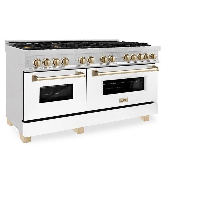 ZLINE Autograph Edition 60 in. 7.4 cu. ft. Legacy Dual Fuel Range with 9 Burner Gas Cooktop and 2 Electric Convection Ovens in DuraSnow® Stainless Steel with White Matte Doors and Polished Gold Accents (RASZ-WM-60-G)