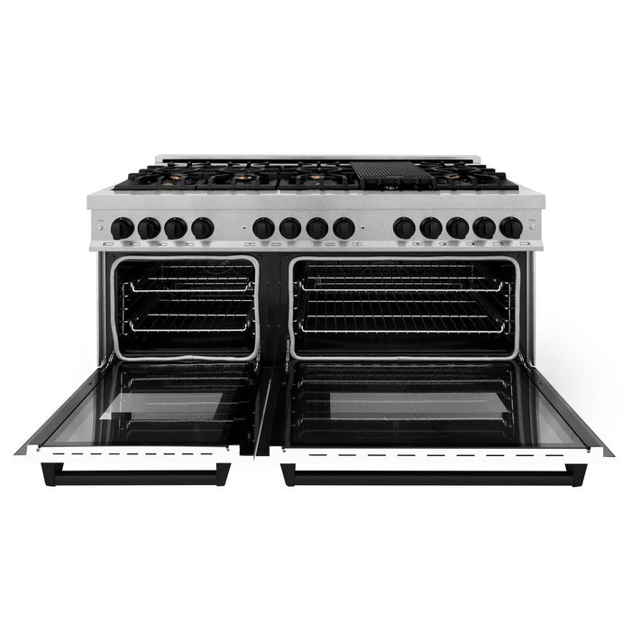 ZLINE Autograph Edition 60 in. 7.4 cu. ft. Legacy Dual Fuel Range with 9 Burner Gas Cooktop and 2 Electric Convection Ovens in DuraSnow® Stainless Steel with White Matte Doors and Matte Black Accents (RASZ-WM-60-MB)