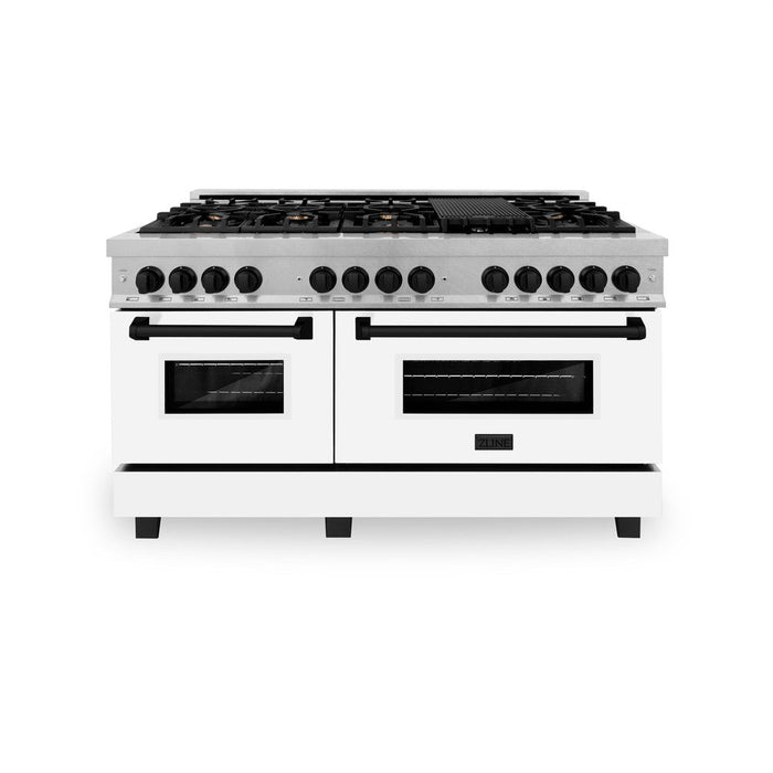 ZLINE Autograph Edition 60 in. 7.4 cu. ft. Legacy Dual Fuel Range with 9 Burner Gas Cooktop and 2 Electric Convection Ovens in DuraSnow® Stainless Steel with White Matte Doors and Matte Black Accents (RASZ-WM-60-MB)