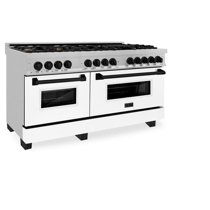 ZLINE Autograph Edition 60 in. 7.4 cu. ft. Legacy Dual Fuel Range with 9 Burner Gas Cooktop and 2 Electric Convection Ovens in DuraSnow® Stainless Steel with White Matte Doors and Matte Black Accents (RASZ-WM-60-MB)