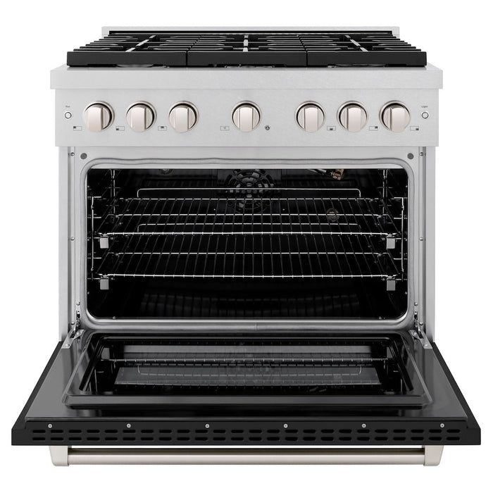 ZLINE 36 in. 5.2 cu. ft. Paramount Gas Range with 6 Burner Cooktop and Convection Gas Oven in DuraSnow® Stainless Steel with Black Matte Door (SGRS-BLM-36)