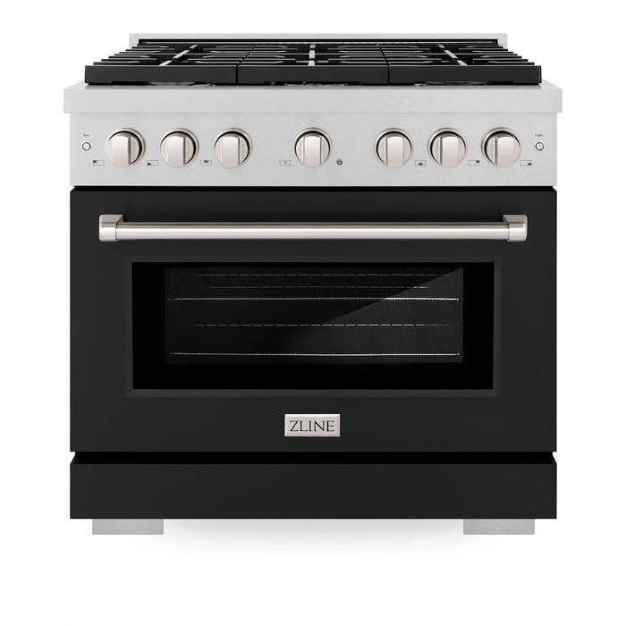 ZLINE 36 in. 5.2 cu. ft. Paramount Gas Range with 6 Burner Cooktop and Convection Gas Oven in DuraSnow® Stainless Steel with Black Matte Door (SGRS-BLM-36)