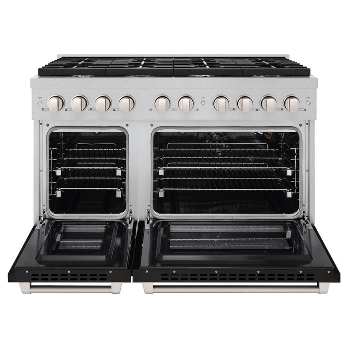 ZLINE 48 in. 6.7 cu. ft. Paramount Double Oven Gas Range with 8 Burner Cooktop in DuraSnow® Stainless Steel with Black Matte Doors (SGRS-BLM-48)