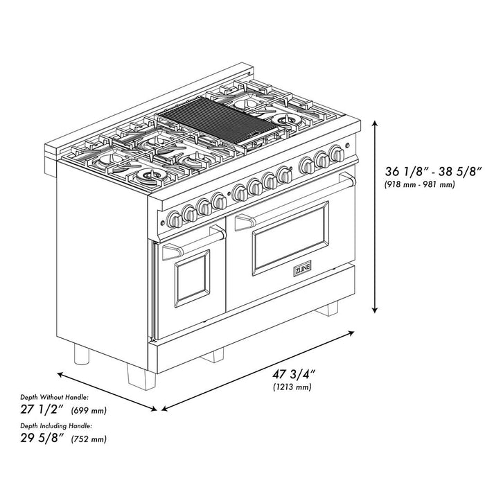 ZLINE 48 in. 6.0 cu. ft. Legacy Dual Fuel Range with 7 Burner Gas Cooktop and 2 Electric Ovens in DuraSnow® Stainless Steel (RAS-SN-48)