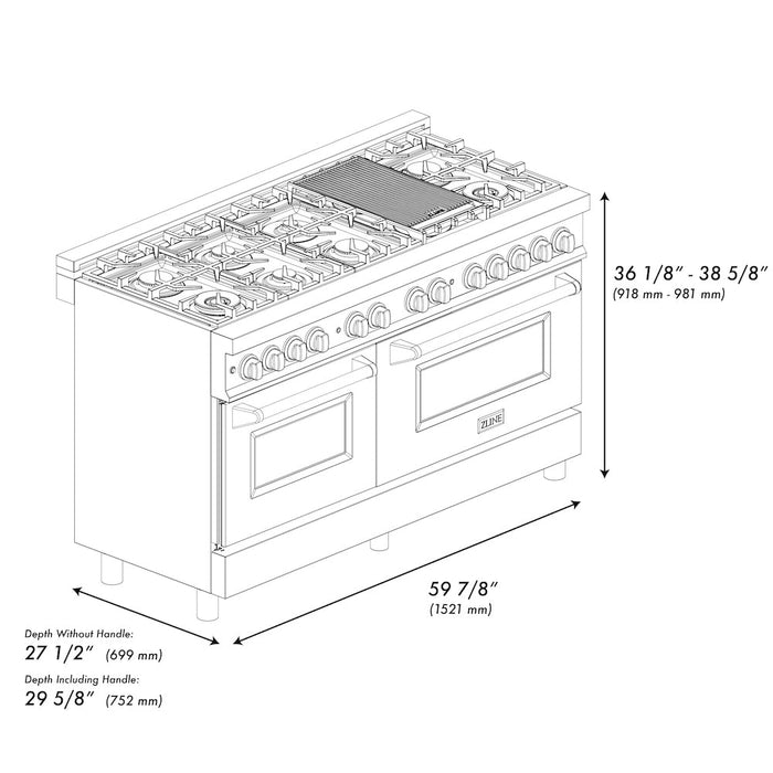 ZLINE 60 in. 7.4 cu. ft. Legacy Dual Fuel Range with 9 Burner Gas Cooktop and 2 Electric Convection Ovens in DuraSnow® Stainless Steel (RAS-SN-60)