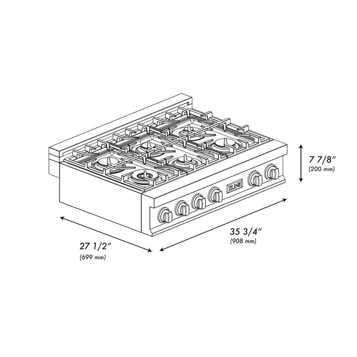 ZLINE 36 in. Porcelain Rangetop in DuraSnow® Stainless Steel with 6 Gas Burners (RTS-36)