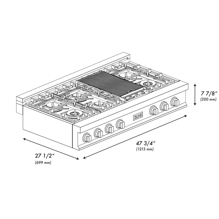 ZLINE 48 in. Porcelain Gas Rangetop in DuraSnow® Stainless Steel with 7 Gas Burners and Griddle (RTS-48)