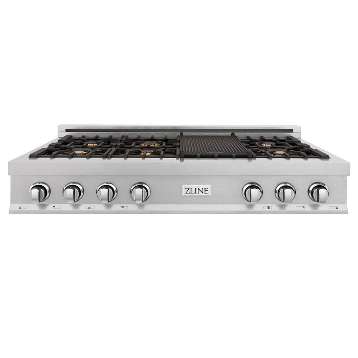 ZLINE 48 in. Porcelain Gas Rangetop in DuraSnow® Stainless Steel with 7 Gas Burners with Brass Burners and Griddle (RTS-BR-48)