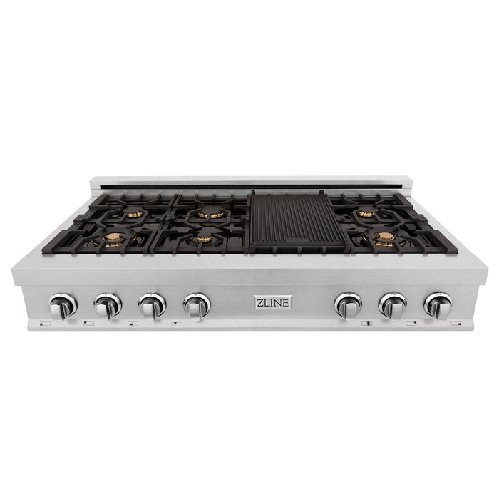 ZLINE 48 in. Porcelain Gas Rangetop in DuraSnow® Stainless Steel with 7 Gas Burners with Brass Burners and Griddle (RTS-BR-48)